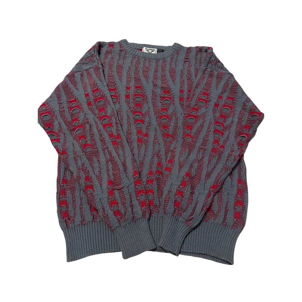 VTG 80s Tyrolia by Head 3D Knit Sweater Men Med Gray Red Coogi Style Wool Blend